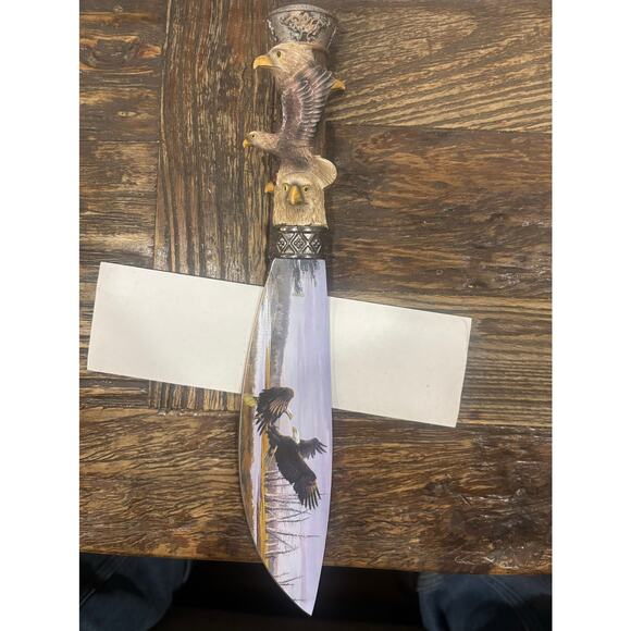 12” Bowie Stainless Knife w/ Painted Bald Eagles on Blade & carved on Handle - Picture 4 of 9